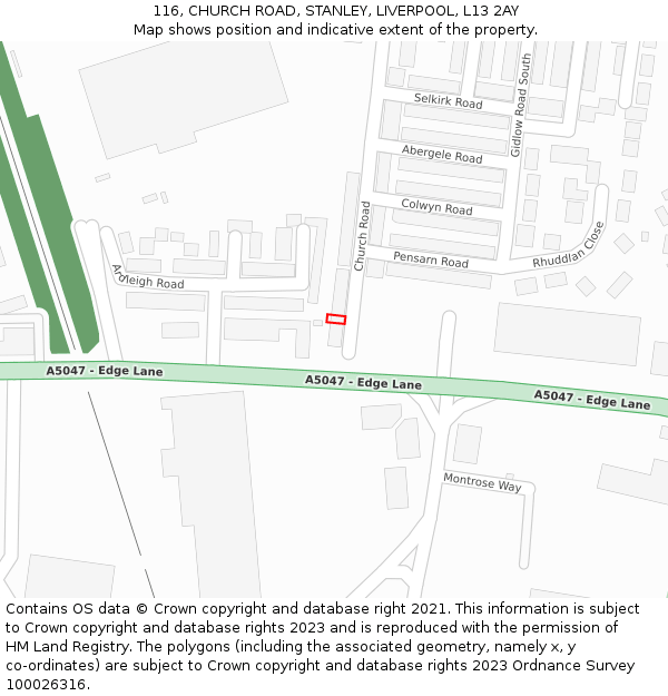 116, CHURCH ROAD, STANLEY, LIVERPOOL, L13 2AY: Location map and indicative extent of plot
