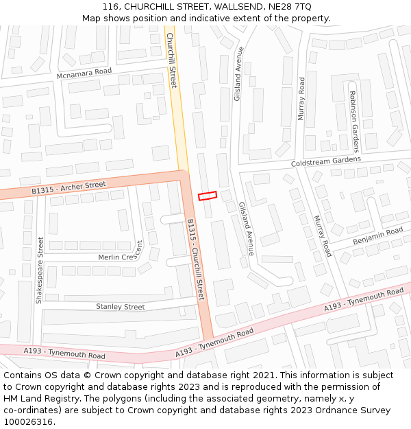 116, CHURCHILL STREET, WALLSEND, NE28 7TQ: Location map and indicative extent of plot