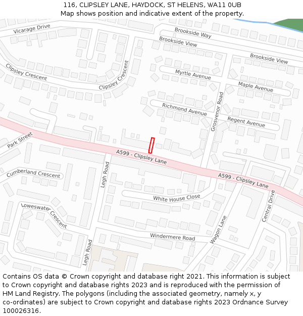 116, CLIPSLEY LANE, HAYDOCK, ST HELENS, WA11 0UB: Location map and indicative extent of plot