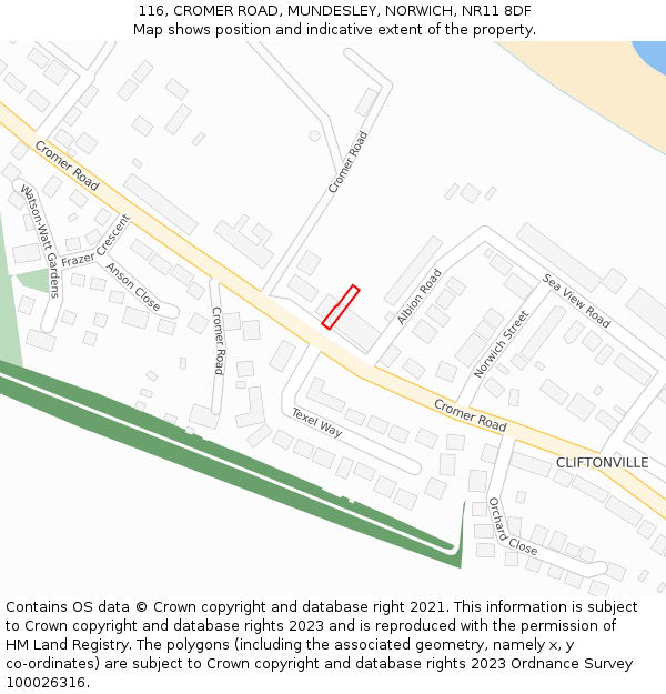 116, CROMER ROAD, MUNDESLEY, NORWICH, NR11 8DF: Location map and indicative extent of plot