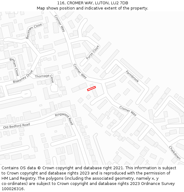 116, CROMER WAY, LUTON, LU2 7DB: Location map and indicative extent of plot