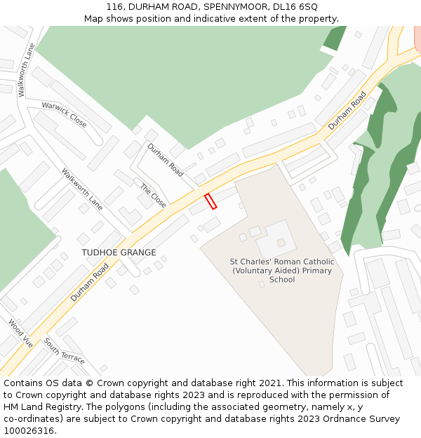 116, DURHAM ROAD, SPENNYMOOR, DL16 6SQ: Location map and indicative extent of plot