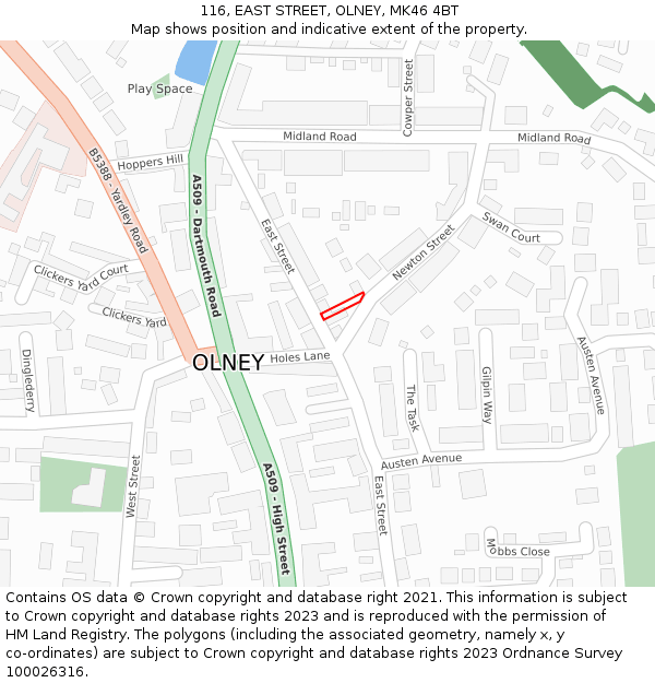 116, EAST STREET, OLNEY, MK46 4BT: Location map and indicative extent of plot
