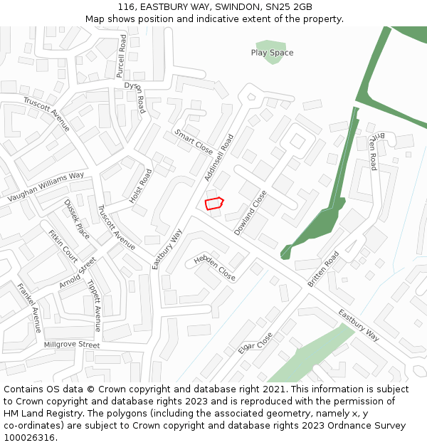 116, EASTBURY WAY, SWINDON, SN25 2GB: Location map and indicative extent of plot