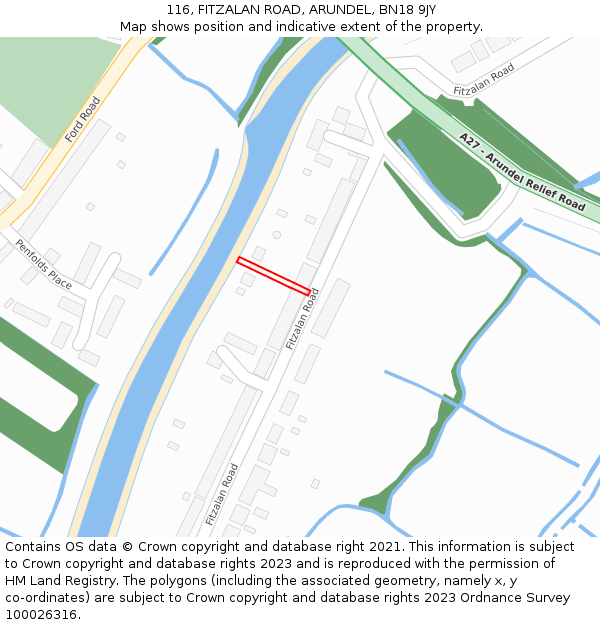 116, FITZALAN ROAD, ARUNDEL, BN18 9JY: Location map and indicative extent of plot