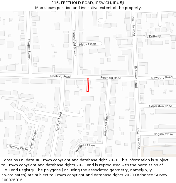 116, FREEHOLD ROAD, IPSWICH, IP4 5JL: Location map and indicative extent of plot