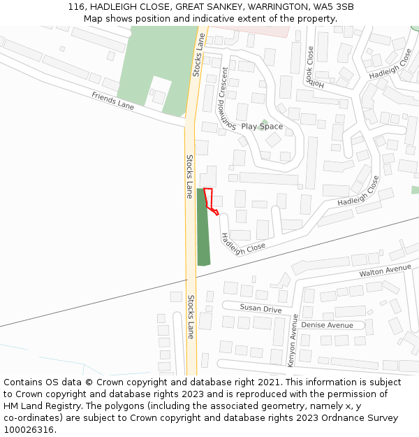 116, HADLEIGH CLOSE, GREAT SANKEY, WARRINGTON, WA5 3SB: Location map and indicative extent of plot
