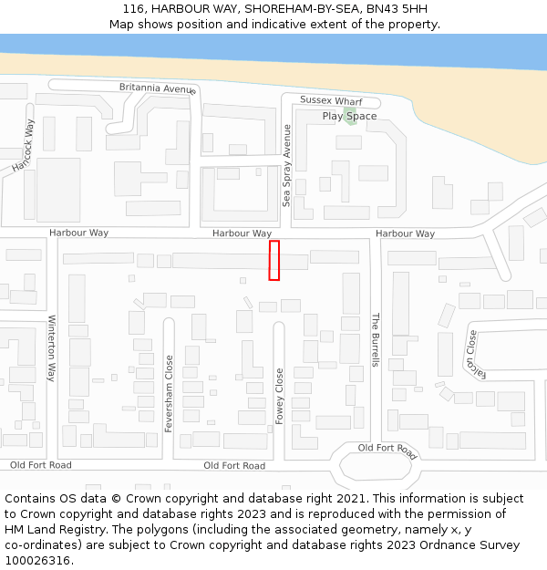 116, HARBOUR WAY, SHOREHAM-BY-SEA, BN43 5HH: Location map and indicative extent of plot