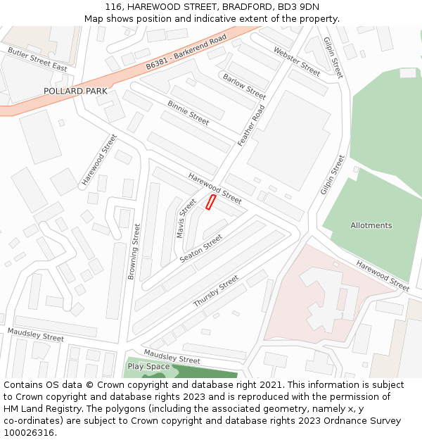 116, HAREWOOD STREET, BRADFORD, BD3 9DN: Location map and indicative extent of plot