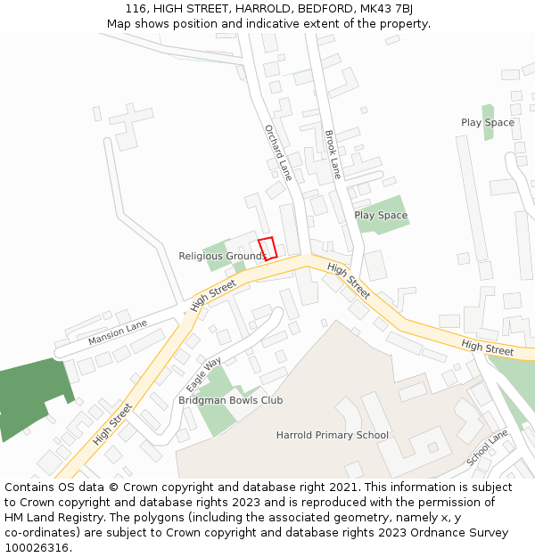 116, HIGH STREET, HARROLD, BEDFORD, MK43 7BJ: Location map and indicative extent of plot