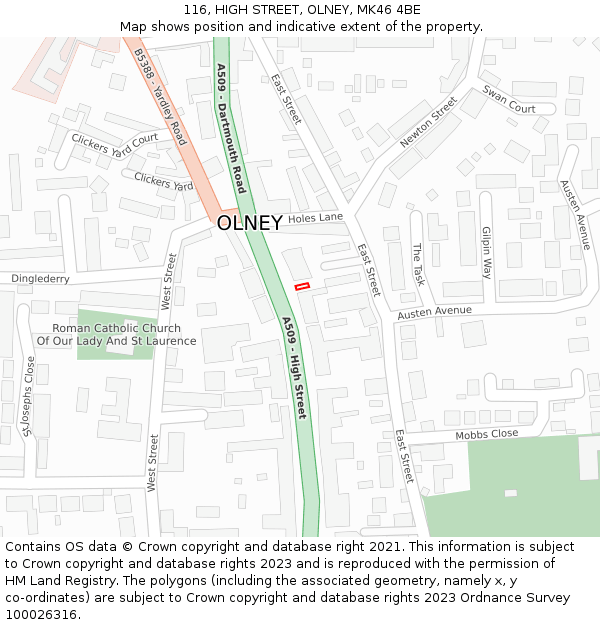 116, HIGH STREET, OLNEY, MK46 4BE: Location map and indicative extent of plot