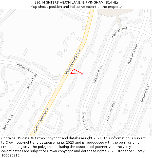 116, HIGHTERS HEATH LANE, BIRMINGHAM, B14 4LY: Location map and indicative extent of plot