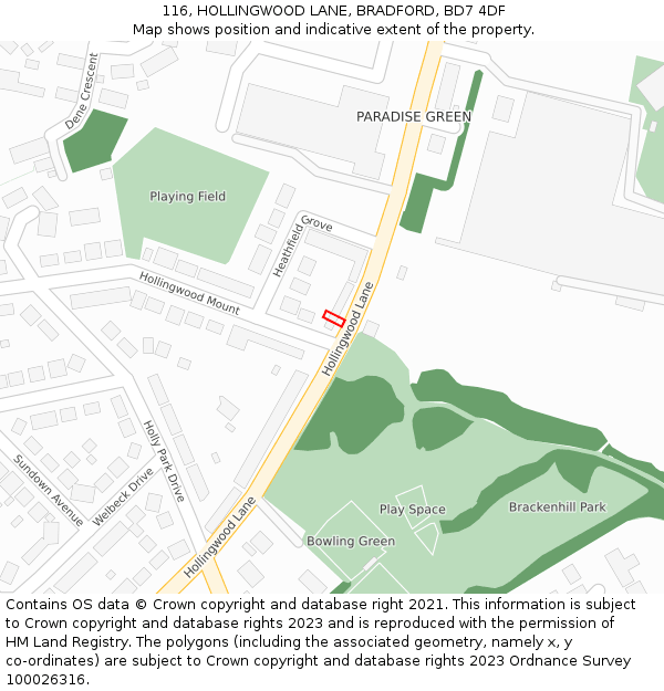 116, HOLLINGWOOD LANE, BRADFORD, BD7 4DF: Location map and indicative extent of plot