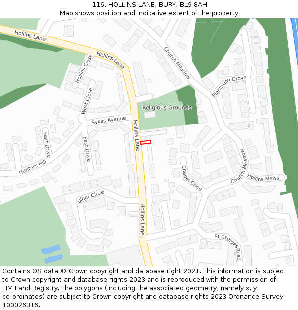 116, HOLLINS LANE, BURY, BL9 8AH: Location map and indicative extent of plot