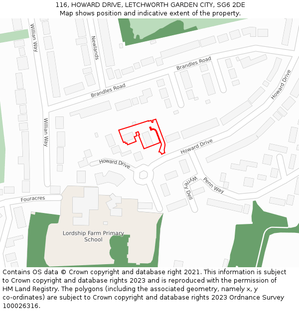 116, HOWARD DRIVE, LETCHWORTH GARDEN CITY, SG6 2DE: Location map and indicative extent of plot