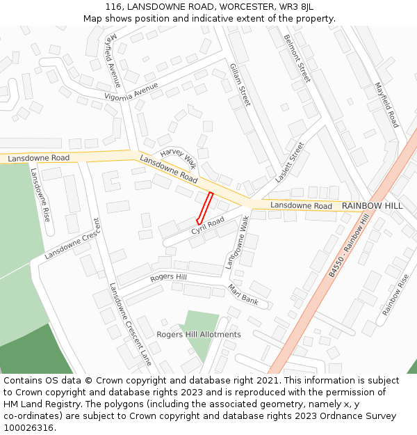 116, LANSDOWNE ROAD, WORCESTER, WR3 8JL: Location map and indicative extent of plot