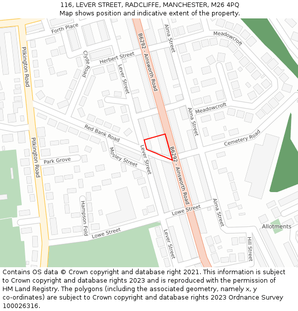 116, LEVER STREET, RADCLIFFE, MANCHESTER, M26 4PQ: Location map and indicative extent of plot