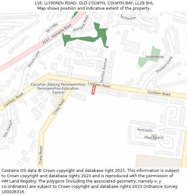 116, LLYSFAEN ROAD, OLD COLWYN, COLWYN BAY, LL29 9HL: Location map and indicative extent of plot