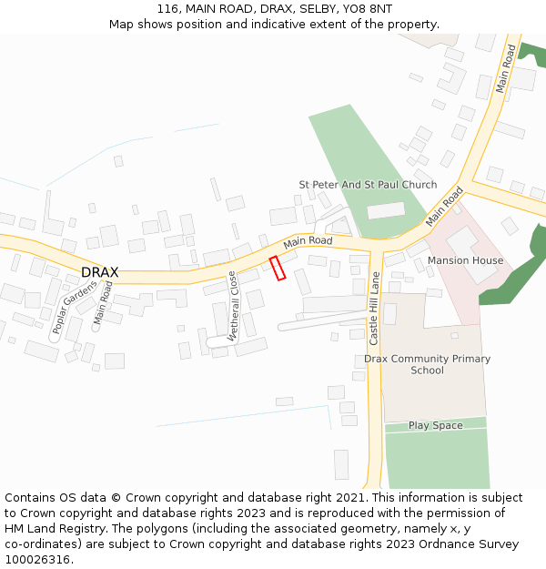 116, MAIN ROAD, DRAX, SELBY, YO8 8NT: Location map and indicative extent of plot
