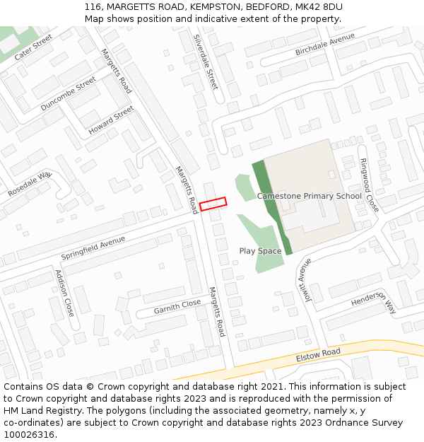 116, MARGETTS ROAD, KEMPSTON, BEDFORD, MK42 8DU: Location map and indicative extent of plot