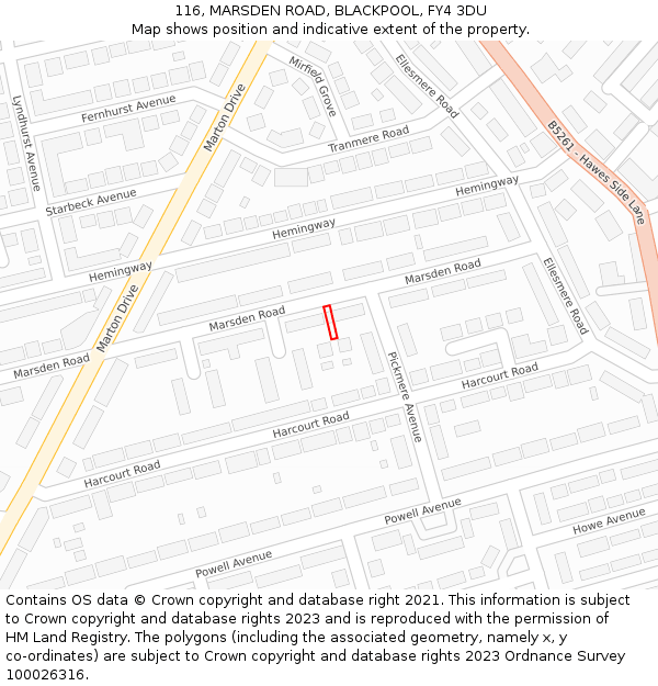 116, MARSDEN ROAD, BLACKPOOL, FY4 3DU: Location map and indicative extent of plot