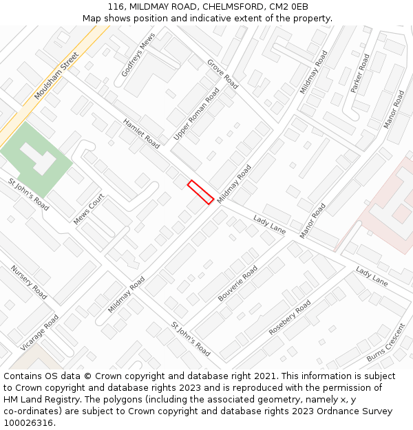 116, MILDMAY ROAD, CHELMSFORD, CM2 0EB: Location map and indicative extent of plot