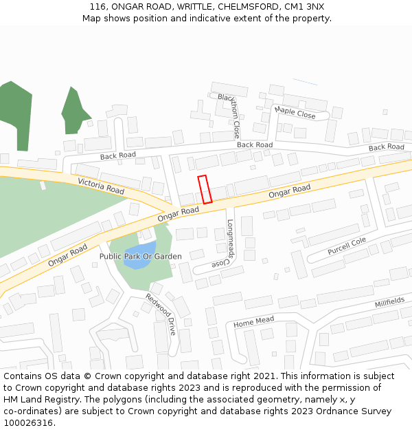 116, ONGAR ROAD, WRITTLE, CHELMSFORD, CM1 3NX: Location map and indicative extent of plot