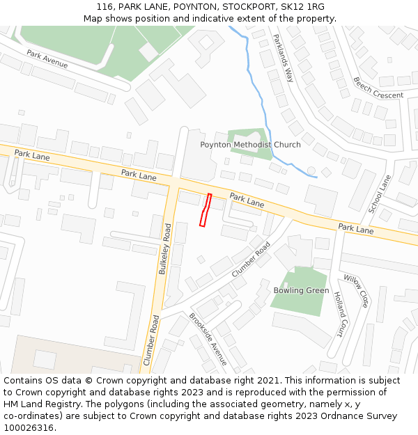 116, PARK LANE, POYNTON, STOCKPORT, SK12 1RG: Location map and indicative extent of plot