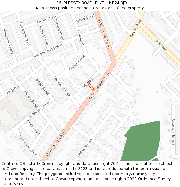 116, PLESSEY ROAD, BLYTH, NE24 3JD: Location map and indicative extent of plot