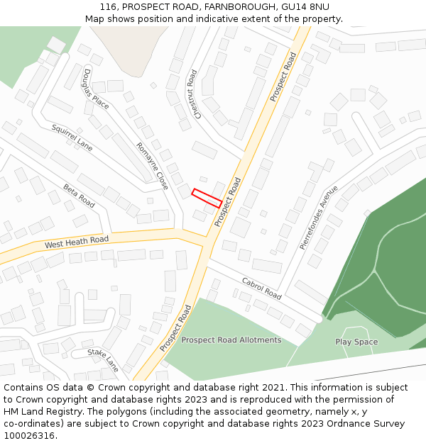 116, PROSPECT ROAD, FARNBOROUGH, GU14 8NU: Location map and indicative extent of plot