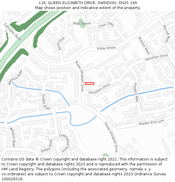 116, QUEEN ELIZABETH DRIVE, SWINDON, SN25 1XA: Location map and indicative extent of plot