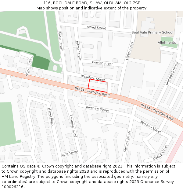 116, ROCHDALE ROAD, SHAW, OLDHAM, OL2 7SB: Location map and indicative extent of plot