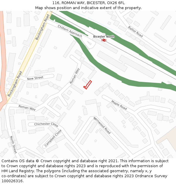 116, ROMAN WAY, BICESTER, OX26 6FL: Location map and indicative extent of plot