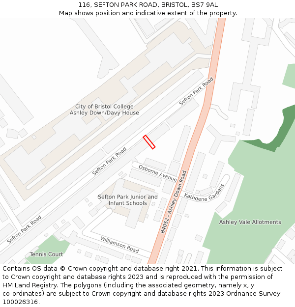 116, SEFTON PARK ROAD, BRISTOL, BS7 9AL: Location map and indicative extent of plot