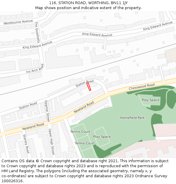 116, STATION ROAD, WORTHING, BN11 1JY: Location map and indicative extent of plot