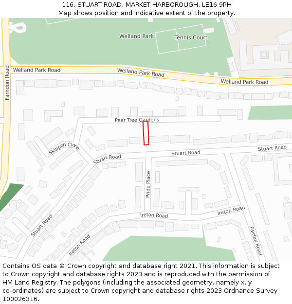 116, STUART ROAD, MARKET HARBOROUGH, LE16 9PH: Location map and indicative extent of plot