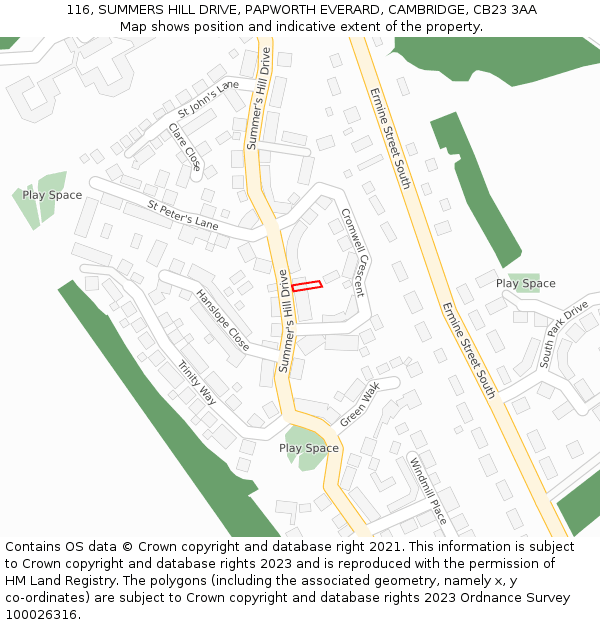 116, SUMMERS HILL DRIVE, PAPWORTH EVERARD, CAMBRIDGE, CB23 3AA: Location map and indicative extent of plot