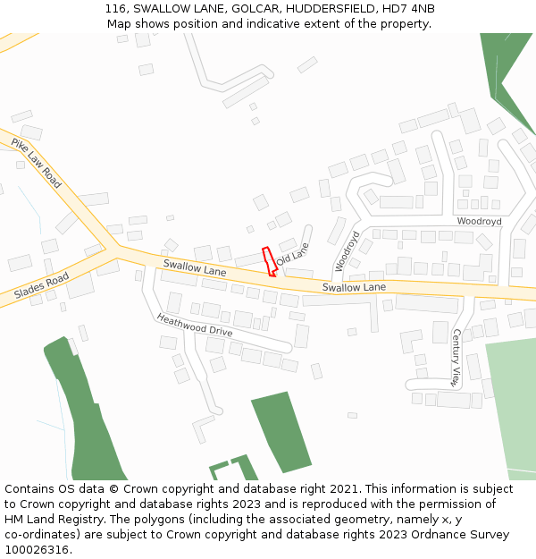 116, SWALLOW LANE, GOLCAR, HUDDERSFIELD, HD7 4NB: Location map and indicative extent of plot