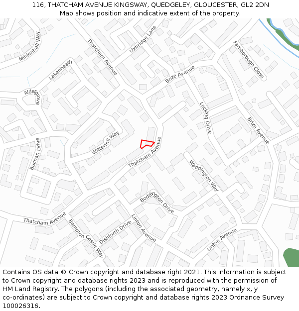 116, THATCHAM AVENUE KINGSWAY, QUEDGELEY, GLOUCESTER, GL2 2DN: Location map and indicative extent of plot