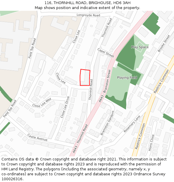 116, THORNHILL ROAD, BRIGHOUSE, HD6 3AH: Location map and indicative extent of plot