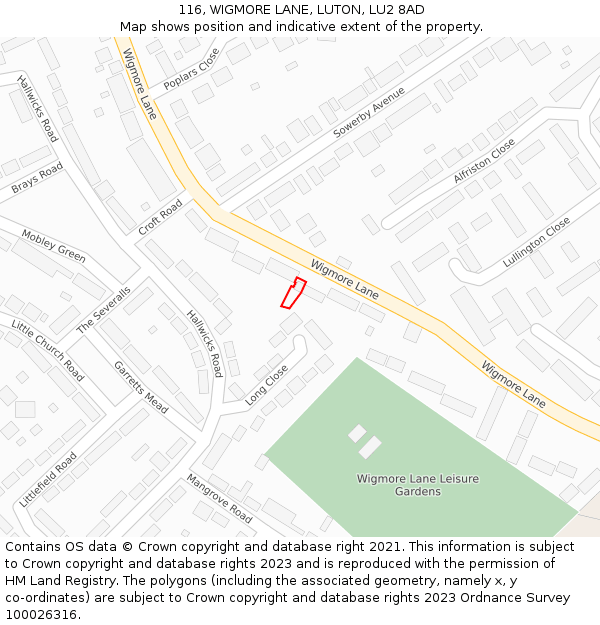 116, WIGMORE LANE, LUTON, LU2 8AD: Location map and indicative extent of plot
