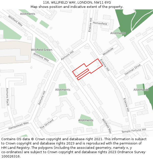 116, WILLIFIELD WAY, LONDON, NW11 6YG: Location map and indicative extent of plot
