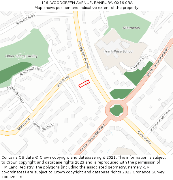 116, WOODGREEN AVENUE, BANBURY, OX16 0BA: Location map and indicative extent of plot