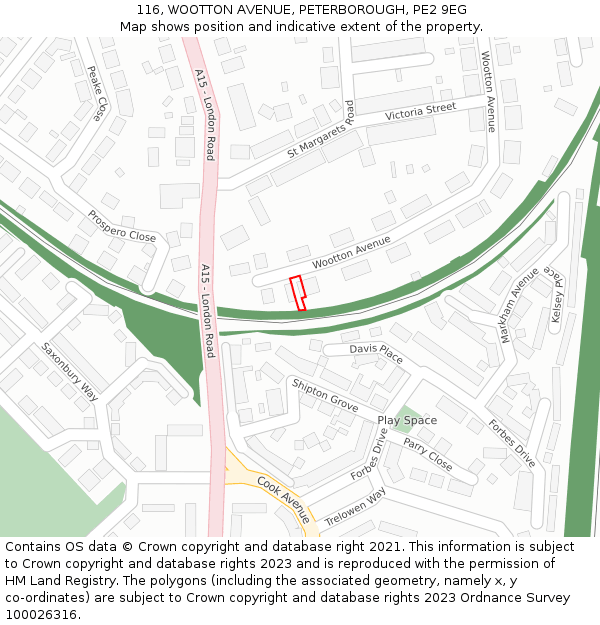 116, WOOTTON AVENUE, PETERBOROUGH, PE2 9EG: Location map and indicative extent of plot