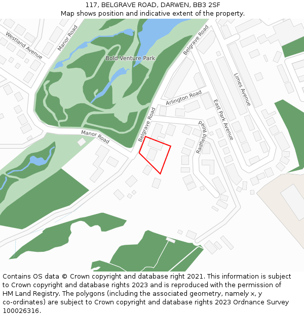 117, BELGRAVE ROAD, DARWEN, BB3 2SF: Location map and indicative extent of plot