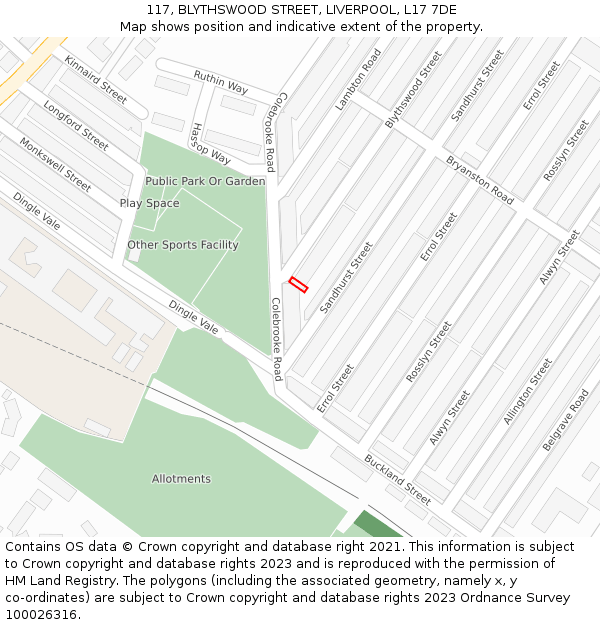 117, BLYTHSWOOD STREET, LIVERPOOL, L17 7DE: Location map and indicative extent of plot
