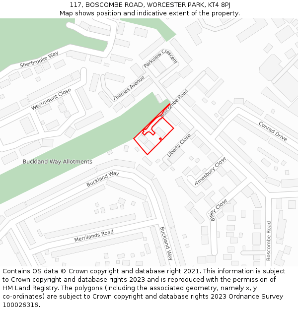 117, BOSCOMBE ROAD, WORCESTER PARK, KT4 8PJ: Location map and indicative extent of plot