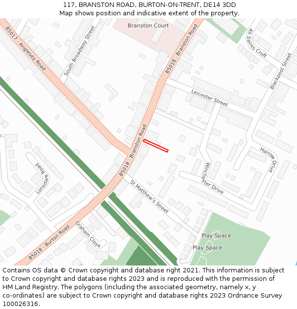 117, BRANSTON ROAD, BURTON-ON-TRENT, DE14 3DD: Location map and indicative extent of plot
