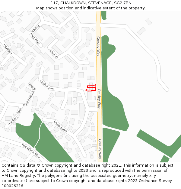 117, CHALKDOWN, STEVENAGE, SG2 7BN: Location map and indicative extent of plot