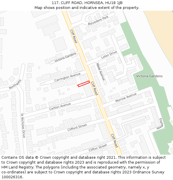 117, CLIFF ROAD, HORNSEA, HU18 1JB: Location map and indicative extent of plot